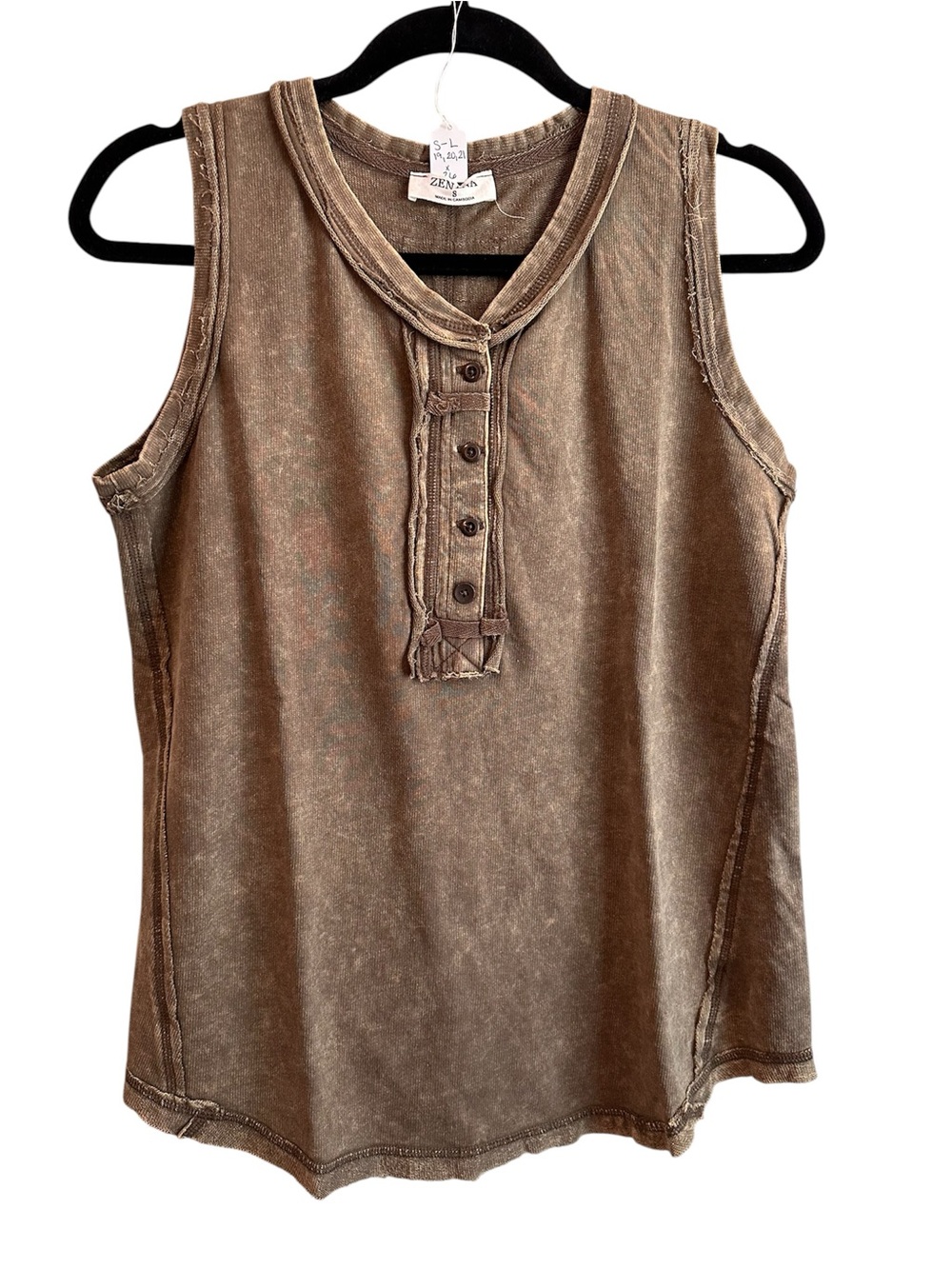Zenana Outfitters Washed Brown Henley Tank